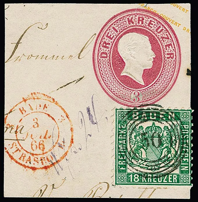 18 Kr. vert, pièce magnifique bien dentelée avec charnière sur segment correspondant d'entier 3 Kr. rose, avec NS clair "50" (Gernsbach), Mi. 700,-