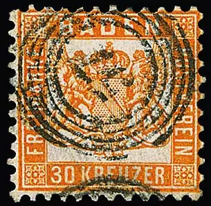 30 Kr. gelborange, repariertes Exemplar mit klarem NS "57", Fotoexp. Stegmüller. Mi. 3000,-