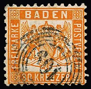 30 Kr. jaune-orange avec NS clair "109" (Pforzheim), proprement restauré, signé Brettl. Mi. 3000,-