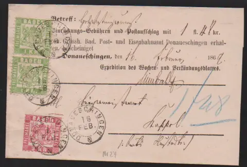 1 Kr. grün, Prachtpaar und 3 Kr. rosa (teils Scherentrennung) auf NN-Streifband aus Donaueschingen (K2), sign. Stegmüller