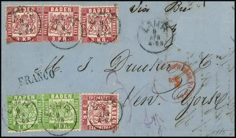 1 Kr. grün per zwei nebst viermal 3 Kr. rosa als vollständige 14-Kr.-Frankatur auf Überseebrief (oben rechts Fehlstelle) mit K1 "Lahr" nach New York, gut…