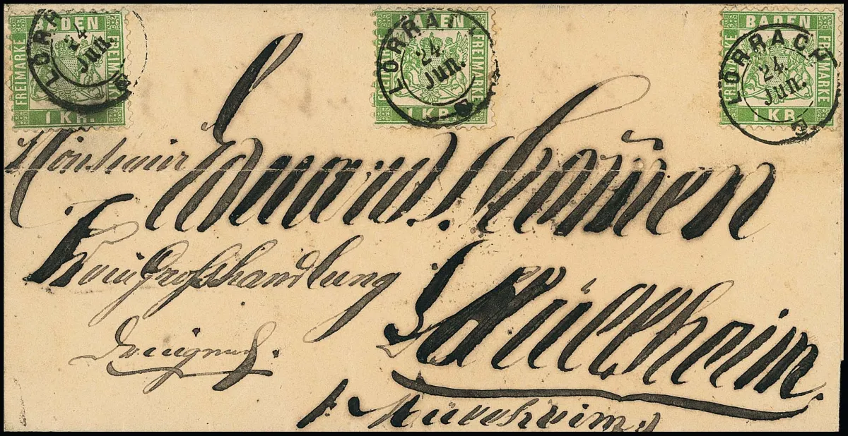 1 Kr. green in three copies curiously arranged on calligraphically decorative letter with K2 "Lörrach" to Müllheim