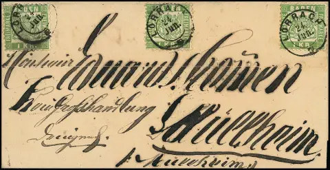 1 Kr. grün per drei kurios arrangiert auf kalligraphisch dekorativem gef. Brief mit K2 "Lörrach" nach Müllheim