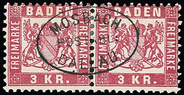 1 Kr. green (2) and 3 Kr. pink (10), twelve values with better cancellations, including L1 "Ueberlingen", four times postal deposit, among others "Mosbach-Dallau" ideal on pair 3 Kr., Billet-Ra2 etc.