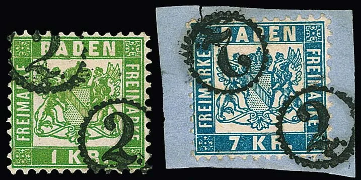 1 Kr. green and 7 Kr. blue (on partially backed letter fragment) each with better cancellation by clock wheel stamp "2" each with two similar impressions top left and bottom right