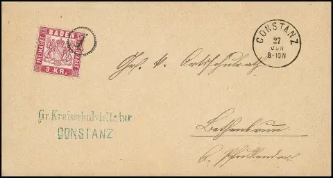 3 Kr. rosa, Kabinettstück mit klarem Uhrradstempel "1" und Neben-K1 "Constanz" auf Brief