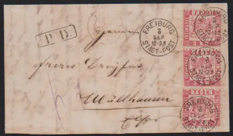 3 Kr. rosa, Pracht-Dreierstreifen mit K1 "Freiburg Stadtpost" auf min. getöntem Brief nach Mühlhausen/Els.
