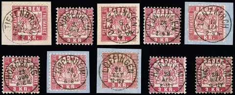 3 Kr. karmin/rosa, 48 ausgesuchte Werte mit zentrischen Einkreisstempeln, dabei auch späte Postorte, Luxusbriefstücke etc.