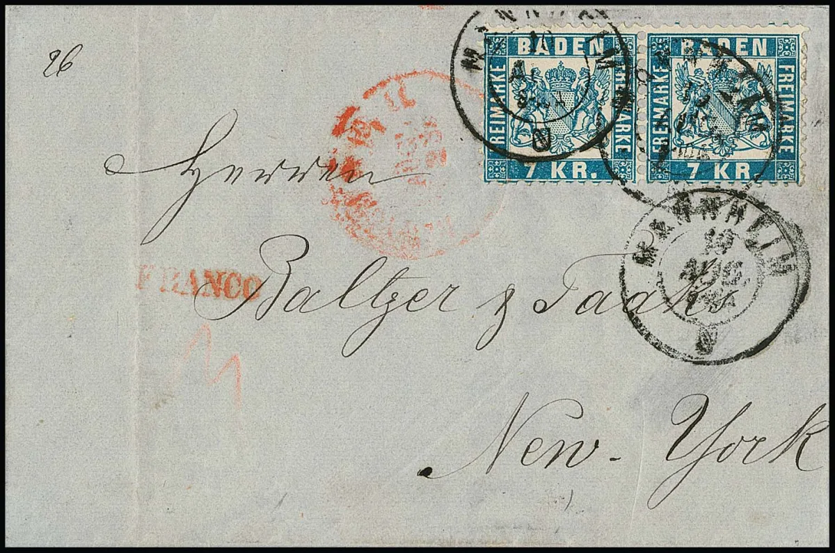 7 Kr. blue, horizontal cabinet pair with K2 "Mannheim" on letter to New York 1870