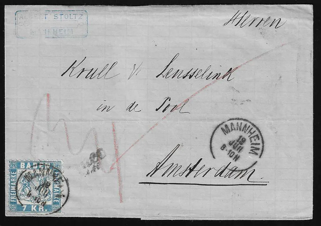 7 Kr. modrá, dva nádherné kabinetní dopisy, z Donaueschingen do Villingen a z Mannheimu do Amsterdamu