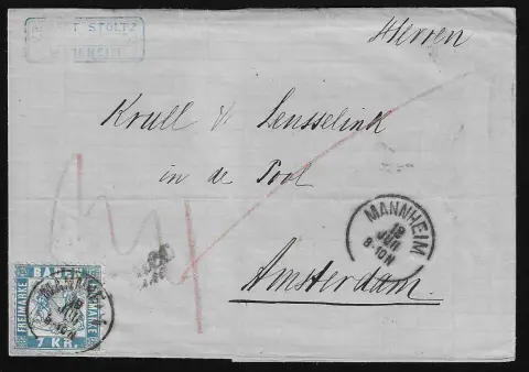 7 Kr. bleu, deux lettres de cabinet superbes, de Donaueschingen à Villingen, et de Mannheim à Amsterdam