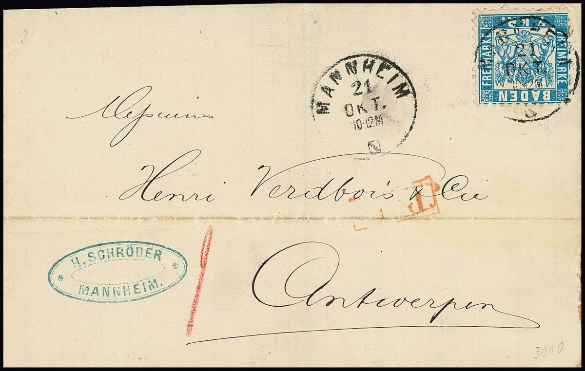 7 Kr. light blue, cabinet piece with central K2 "Mannheim" as better single franking on centrally folded letter to Antwerp, 21.10.71, signed Brettl. Mi. 1000,-