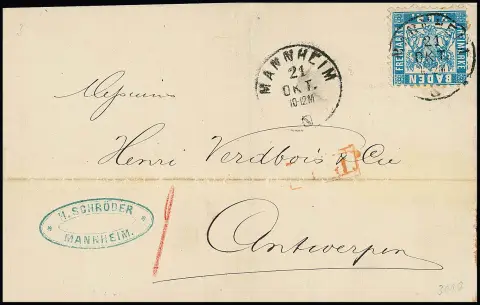 7 Kr. bleu clair, pièce de cabinet avec K2 centr. "Mannheim" comme affranchissement unique supérieur sur lettre pliée au centre pour Anvers, 21.10.71, signé Brettl. Mi. 1000,-