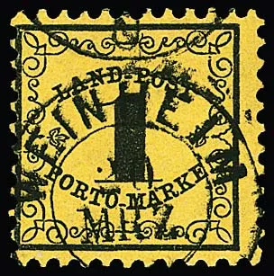 Landpost 1 Kr. noir/jaune, pièce de cabinet bien dentelée avec K2 "Weinheim", signé Englert. Mi. 400,-
