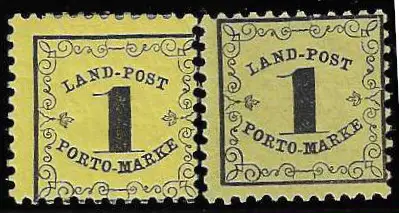 Landpost 1 Kr. noir/jaune et sur jaune foncé, papier fin et épais, chacun impeccable non oblitéré, Mi. 186,-