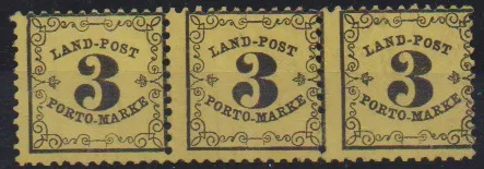 Landpost 3 Kr. noir/jaune foncé en bande de trois impeccable non oblitérée, photo-exp. Stegmüller. Mi. pour charnière 500,-