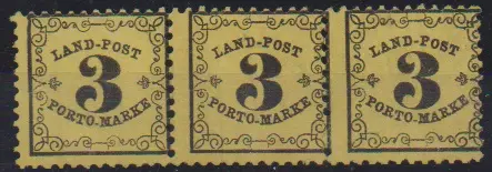 Landpost 3 Kr. noir/jaune foncé en bande de trois impeccable non oblitérée, photo-exp. Stegmüller. Mi. pour charnière 500,-