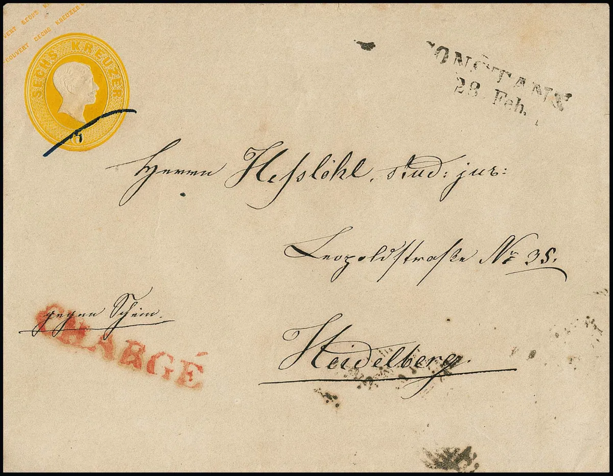 Postal stationery 6 Kr. yellow, large format, cabinet envelope with L2 "Constanz" and red side L1 "Chargé" to Heidelberg. Mi. 1000,-