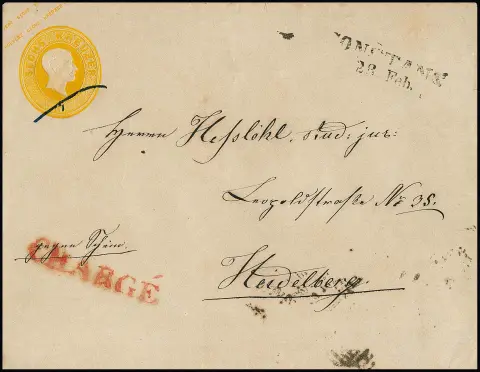 Entier postal 6 Kr. jaune, grand format, enveloppe de cabinet avec L2 "Constanz" et L1 latéral rouge "Chargé" pour Heidelberg. Mi. 1000,-