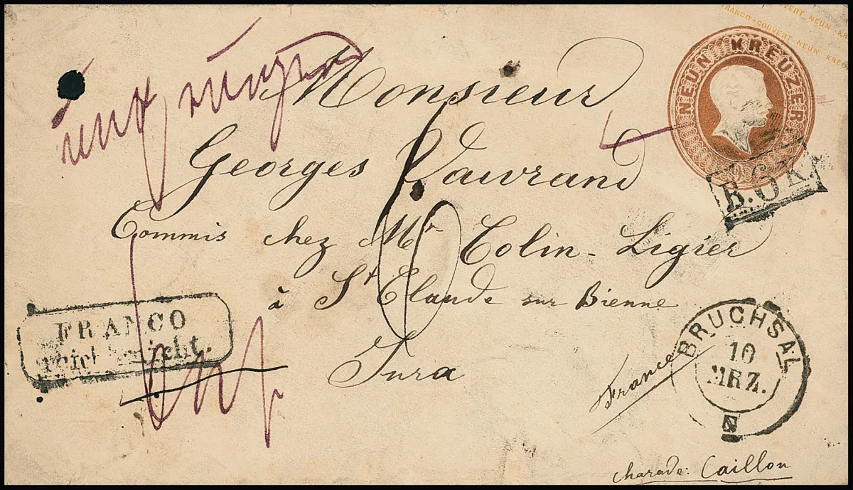 Celina 9 Kr. červenohnědá s K2 "Bruchsal" 1867 nedofrankovaná do St. Claude/Francie, Ra2 "Franco reicht nicht" a Ra1 "B.6.K." dodatečně vybíráno, typický použitý stav