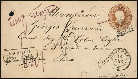 Entier postal 9 Kr. brun rougeâtre avec K2 "Bruchsal" 1867 sous-affranchi pour St. Claude/France, Ra2 "Franco reicht nicht" et Ra1 "B.6.K." taxé, état d'usage typique