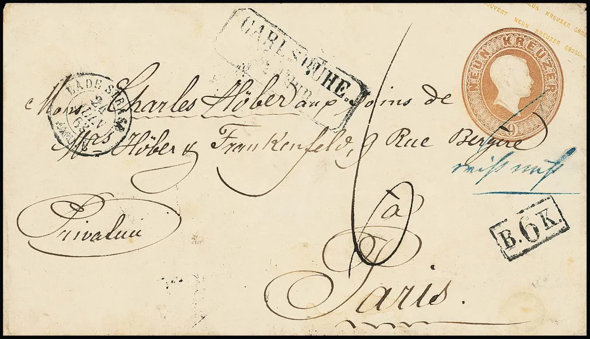 Postal stationeries 3 Kr. pink (from Bruchsal) and 9 Kr. ochre brown (from Carlsruhe), two underpaid and taxed covers each to France (one small margin defect and internally backed), among others Ra1 "B.6.K.", both taxed "6" Dec.