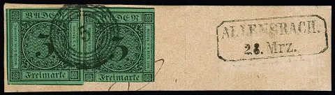 "5" avec Ra2 "Allensbach" sur fragment de lettre avec deux fois 3 Kr., une marge géante