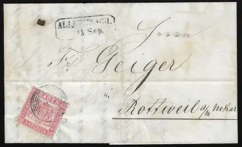 "5" avec Ra2 "Allensbach" sur lettre au centre plié avec pièce magnifique 3 Kr. rose