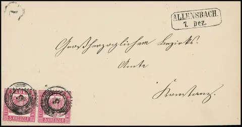 "5" avec Ra2 "Allensbach" sur lettre magnifique (comme d'habitude sans rabats latéraux) avec paire 3 Kr. rose, en haut cachet horaire "7"