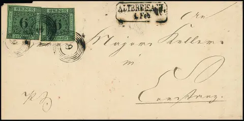 "6" avec Ra2 "Altbreisach" sur lettre intra-badoise avec deux fois 6 Kr. noir/vert vers Constance