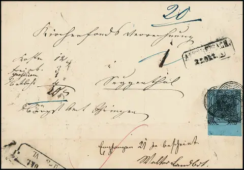 "6" quatre fois sur le timbre, avec Ra2 "Altbreisach", sur lettre contre remboursement avec 3 Kr. noir/bleu à large bord inférieur de feuille (collé autour du bord de la lettre)