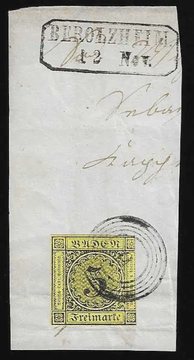 "9" avec Ra2 "Berolzheim" sur fragment de lettre avec 3 Kr. coupé à droite