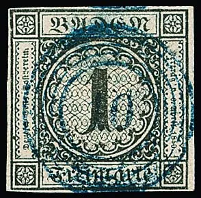 "10" (Beuggen) in blue centered on 1 Kr. black, signed Bühler, somewhat "cloudy"
