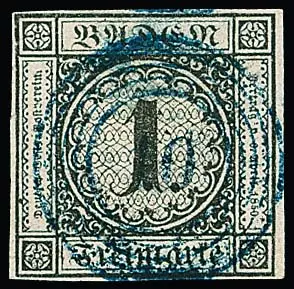 "10" (Beuggen) en bleu centré sur 1 Kr. noir, signé Bühler, un peu "nuageux"