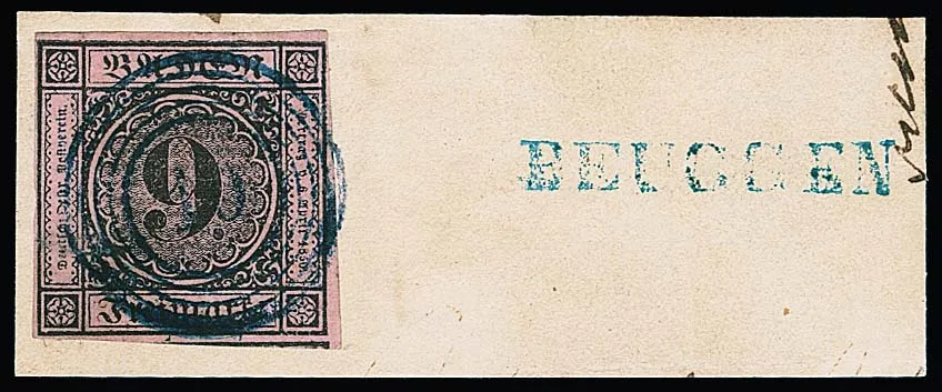 "10" with L1 "Beuggen", each in blue, on piece 9 Kr. (small split)