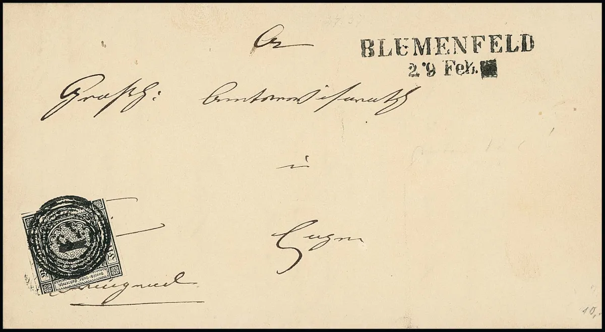 "15" together with L2 resp. K2 "Blumenfeld" on two letters 1 Kr. black, usually cut, resp. perforated