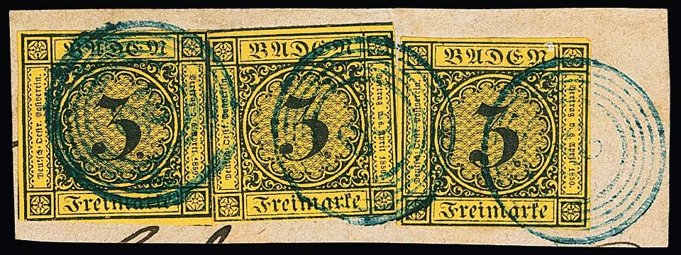 "20" (Buchen) in blau klar auf Briefstück mit dreimal 3 Kr. schw./dunkelgelb