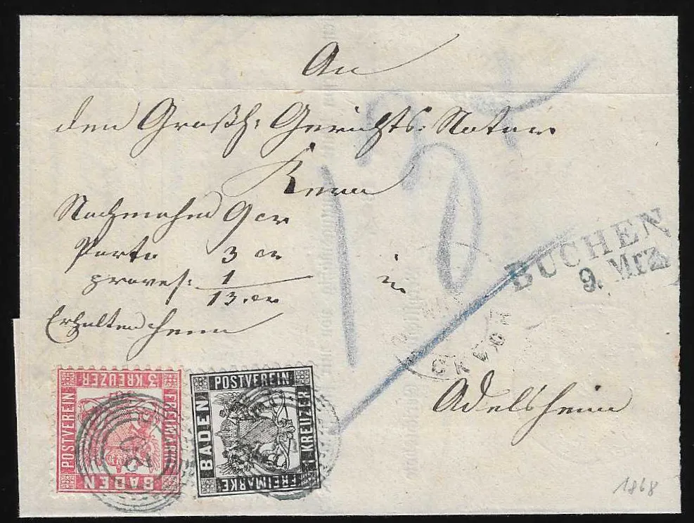 "20" avec L2 "Buchen", chacun en bleu, sur lettre NN de cabinet avec 1 et 3 Kr.