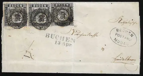 "20", curieux NS bleu et noir comme double oblitération, L2 bleu "Buchen" et dépôt postal "Buchen-Modau" juxtaposés, sur lettre (comme d'habitude raccourcie latéralement) avec paire et pièce unique 1 Kr. noir
