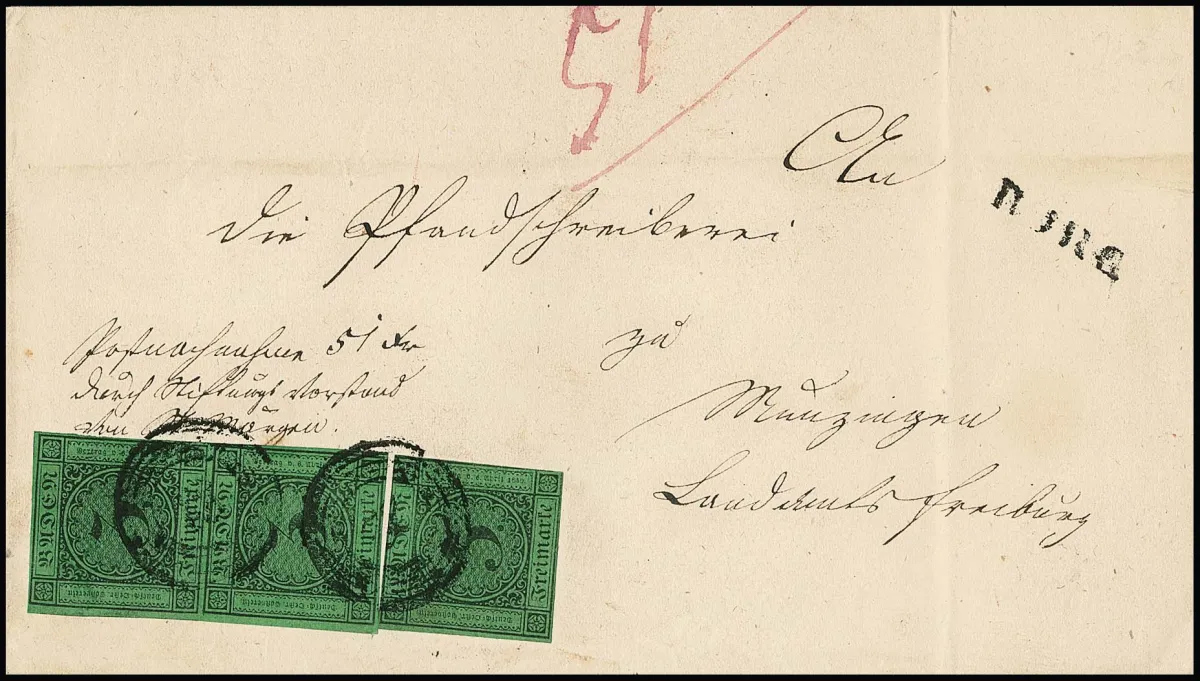 "22" avec L1 "Burg" sur lettre de remboursement affranchie avec paire magnifique et pièce unique 3 Kr. noir/vert