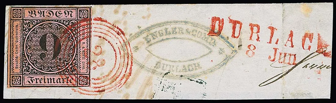 "28" along with L2 "Durlach", each in red, on magnificent letter piece 9 Kr. black/lilac pink