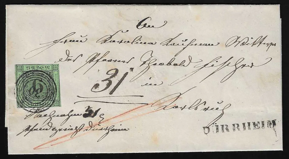 "30" avec L1 "Dürrheim" net sur lettre de remboursement fraîche avec 6 Kr. habituellement découpé