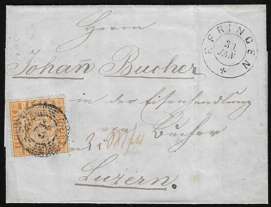 "32" together with L1 "Efringen" on letter with usually cut 6 Kr., 1st issue, to Schaffhausen/Switzerland, as well as with K2 on superb letter 6 Kr. orange to…