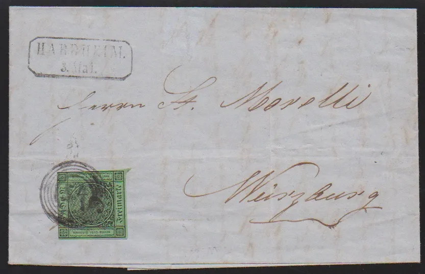 "54" nebst Ra2 "Hardheim" auf Brief 3 Kr.