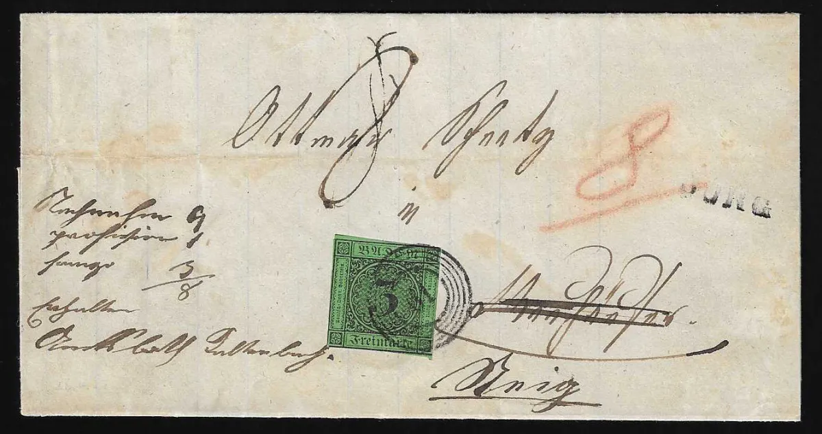 "61" (Höllsteig) without further auxiliary postmark on a returned letter with 3 Kr. (small cut margin), additionally L1 "Burg"