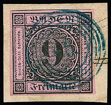 "66" (Jestetten) in blau klar auf Luxusbriefstück mit breitrandiger 9 Kr. schw./rosa, sign. Stegmüller