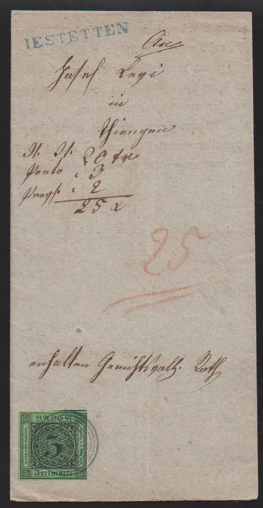 "66" avec L1 "Iestetten", chacun en bleu, sur lettre contre remboursement avec 3 Kr.