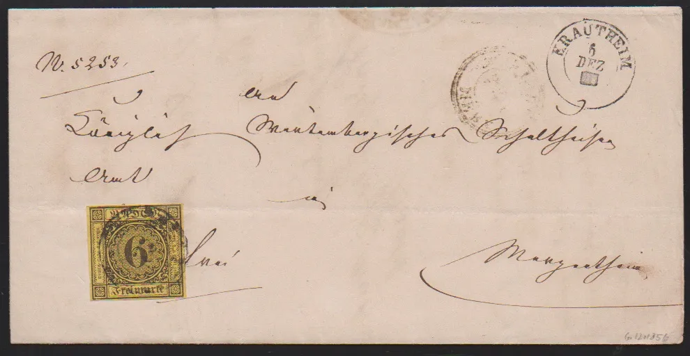 "73" nebst K2 "Krautheim" auf Kabinettbrief 6 Kr. schw./gelb und auf Brief mit gez. 3 Kr. rosa