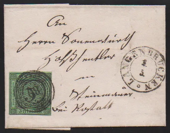 "80" avec K2 "Langenbrücken" net sur deux lettres 3 Kr. noir/vert et 3 Kr. rose dentelé