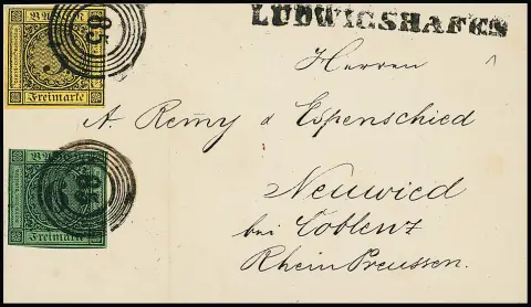"82" s L1 "Ludwigshafen" na malém složeném dopise s částečně plnomarginálními 3 a 6 Kr. 1853 do Neuwied